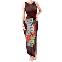 Custom Guam Christmas Tank Maxi Dress Santa Gift Latte Stone and Sea Turle Mix Hibiscus Chamorro Red Style LT03 Women Red - Polynesian Pride