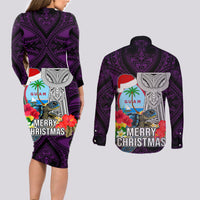 Guam Christmas Couples Matching Long Sleeve Bodycon Dress and Long Sleeve Button Shirt Santa Gift Latte Stone and Sea Turle Mix Hibiscus Chamorro Pink Style LT03