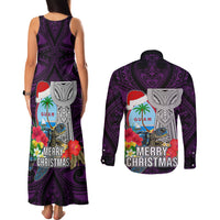 Guam Christmas Couples Matching Tank Maxi Dress and Long Sleeve Button Shirt Santa Gift Latte Stone and Sea Turle Mix Hibiscus Chamorro Pink Style LT03