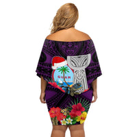 Guam Christmas Off Shoulder Short Dress Santa Gift Latte Stone and Sea Turle Mix Hibiscus Chamorro Pink Style LT03 - Polynesian Pride