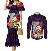 Custom Guam Christmas Couples Matching Mermaid Dress and Long Sleeve Button Shirt Santa Gift Latte Stone and Sea Turle Mix Hibiscus Chamorro Pink Style LT03