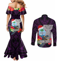 Custom Guam Christmas Couples Matching Mermaid Dress and Long Sleeve Button Shirt Santa Gift Latte Stone and Sea Turle Mix Hibiscus Chamorro Pink Style LT03