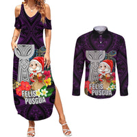 Custom Guam Christmas Couples Matching Summer Maxi Dress and Long Sleeve Button Shirt Santa Gift Latte Stone and Sea Turle Mix Hibiscus Chamorro Pink Style LT03
