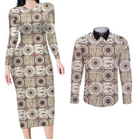 Tukenny Pattern Fijian War Clubs Couples Matching Long Sleeve Bodycon Dress and Long Sleeve Button Shirt LT03 Beige - Polynesian Pride