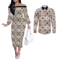 Tukenny Pattern Fijian War Clubs Couples Matching Off The Shoulder Long Sleeve Dress and Long Sleeve Button Shirt LT03 Beige - Polynesian Pride