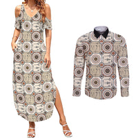 Tukenny Pattern Fijian War Clubs Couples Matching Summer Maxi Dress and Long Sleeve Button Shirt LT03 Beige - Polynesian Pride