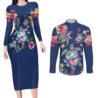 Hawaiian Turtles and Tropical Plants Couples Matching Long Sleeve Bodycon Dress and Long Sleeve Button Shirt Blue Watercolor LT03 Blue - Polynesian Pride