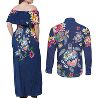 Hawaiian Turtles and Tropical Plants Couples Matching Off Shoulder Maxi Dress and Long Sleeve Button Shirt Blue Watercolor LT03 - Polynesian Pride