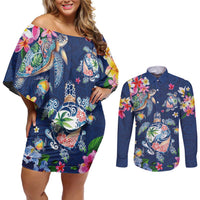 Hawaiian Turtles and Tropical Plants Couples Matching Off Shoulder Short Dress and Long Sleeve Button Shirt Blue Watercolor LT03 Blue - Polynesian Pride