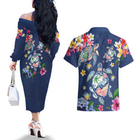 Hawaiian Turtles and Tropical Plants Couples Matching Off The Shoulder Long Sleeve Dress and Hawaiian Shirt Blue Watercolor