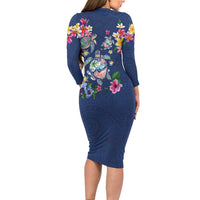 Hawaiian Turtles and Tropical Plants Family Matching Long Sleeve Bodycon Dress and Hawaiian Shirt Blue Watercolor LT03 - Polynesian Pride