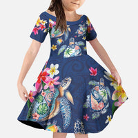 Hawaiian Turtles and Tropical Plants Family Matching Mermaid Dress and Hawaiian Shirt Blue Watercolor LT03 Daughter's Dress Blue - Polynesian Pride