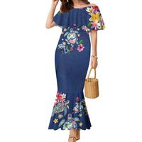Hawaiian Turtles and Tropical Plants Family Matching Mermaid Dress and Hawaiian Shirt Blue Watercolor LT03 Mom's Dress Blue - Polynesian Pride