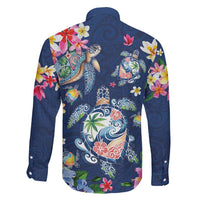 Hawaiian Turtles and Tropical Plants Family Matching Off The Shoulder Long Sleeve Dress and Hawaiian Shirt Blue Watercolor LT03 - Polynesian Pride
