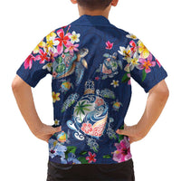 Hawaiian Turtles and Tropical Plants Family Matching Tank Maxi Dress and Hawaiian Shirt Blue Watercolor LT03 - Polynesian Pride