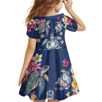 Hawaiian Turtles and Tropical Plants Kid Short Sleeve Dress Blue Watercolor