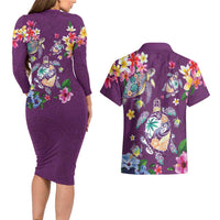 Hawaiian Turtles and Tropical Plants Couples Matching Long Sleeve Bodycon Dress and Hawaiian Shirt Purple Watercolor LT03 - Polynesian Pride