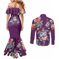 Hawaiian Turtles and Tropical Plants Couples Matching Mermaid Dress and Long Sleeve Button Shirt Purple Watercolor LT03 - Polynesian Pride