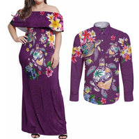 Hawaiian Turtles and Tropical Plants Couples Matching Off Shoulder Maxi Dress and Long Sleeve Button Shirt Purple Watercolor LT03 Purple - Polynesian Pride