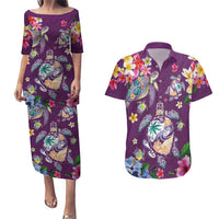 Hawaiian Turtles and Tropical Plants Couples Matching Puletasi and Hawaiian Shirt Purple Watercolor LT03 Purple - Polynesian Pride