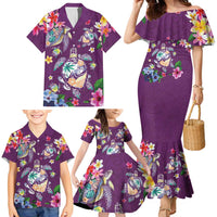 Hawaiian Turtles and Tropical Plants Family Matching Mermaid Dress and Hawaiian Shirt Purple Watercolor LT03 - Polynesian Pride