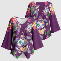 Hawaiian Turtles and Tropical Plants Kimono Sleeve Blouse Purple Watercolor