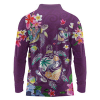 Hawaiian Turtles and Tropical Plants Long Sleeve Polo Shirt Purple Watercolor LT03 - Polynesian Pride