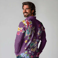 Hawaiian Turtles and Tropical Plants Long Sleeve Polo Shirt Purple Watercolor LT03 - Polynesian Pride