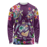 Hawaiian Turtles and Tropical Plants Long Sleeve Shirt Purple Watercolor