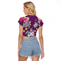 Hawaiian Turtles and Tropical Plants Raglan Cropped T Shirt Purple Watercolor