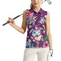 Hawaiian Turtles and Tropical Plants Women Sleeveless Polo Shirt Purple Watercolor LT03 - Polynesian Pride