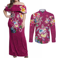 Hawaiian Turtles and Tropical Plants Couples Matching Off Shoulder Maxi Dress and Long Sleeve Button Shirt Pink Watercolor LT03 Pink - Polynesian Pride