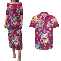 Hawaiian Turtles and Tropical Plants Couples Matching Puletasi and Hawaiian Shirt Pink Watercolor LT03 Pink - Polynesian Pride