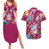 Hawaiian Turtles and Tropical Plants Couples Matching Summer Maxi Dress and Hawaiian Shirt Pink Watercolor LT03 Pink - Polynesian Pride