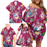 Hawaiian Turtles and Tropical Plants Family Matching Off Shoulder Short Dress and Hawaiian Shirt Pink Watercolor LT03 - Polynesian Pride