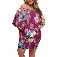 Hawaiian Turtles and Tropical Plants Family Matching Off Shoulder Short Dress and Hawaiian Shirt Pink Watercolor LT03 Mom's Dress Pink - Polynesian Pride