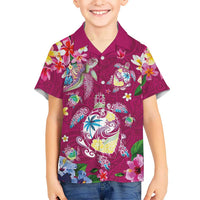 Hawaiian Turtles and Tropical Plants Family Matching Off Shoulder Short Dress and Hawaiian Shirt Pink Watercolor LT03 Son's Shirt Pink - Polynesian Pride