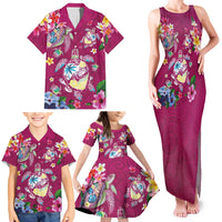 Hawaiian Turtles and Tropical Plants Family Matching Tank Maxi Dress and Hawaiian Shirt Pink Watercolor LT03 - Polynesian Pride