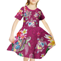 Hawaiian Turtles and Tropical Plants Kid Short Sleeve Dress Pink Watercolor