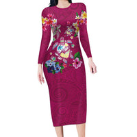 Hawaiian Turtles and Tropical Plants Long Sleeve Bodycon Dress Pink Watercolor LT03 Long Dress Pink - Polynesian Pride