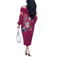 Hawaiian Turtles and Tropical Plants Off The Shoulder Long Sleeve Dress Pink Watercolor LT03 - Polynesian Pride