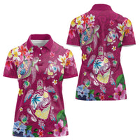 Hawaiian Turtles and Tropical Plants Women Polo Shirt Pink Watercolor LT03 - Polynesian Pride