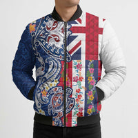 Hawaiian Manta Ray and Turtle Tribal Tattoo Bomber Puffer Jacket With Hawaii Flag and Flowers