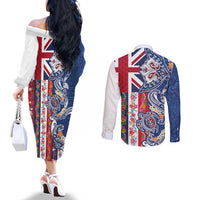 Hawaiian Manta Ray and Turtle Tribal Tattoo Couples Matching Off The Shoulder Long Sleeve Dress and Long Sleeve Button Shirt With Hawaii Flag and Flowers