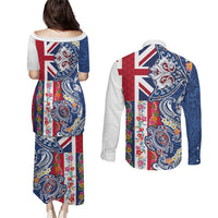 Hawaiian Manta Ray and Turtle Tribal Tattoo Couples Matching Puletasi and Long Sleeve Button Shirt With Hawaii Flag and Flowers LT03 - Polynesian Pride