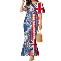 Hawaiian Manta Ray and Turtle Tribal Tattoo Family Matching Mermaid Dress and Hawaiian Shirt With Hawaii Flag and Flowers LT03 Mom's Dress Multicolor - Polynesian Pride