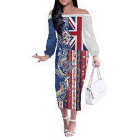 Hawaiian Manta Ray and Turtle Tribal Tattoo Family Matching Off The Shoulder Long Sleeve Dress and Hawaiian Shirt With Hawaii Flag and Flowers LT03 Mom's Dress Multicolor - Polynesian Pride