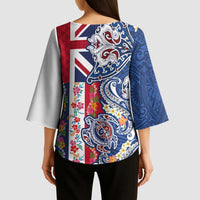 Hawaiian Manta Ray and Turtle Tribal Tattoo Kimono Sleeve Blouse With Hawaii Flag and Flowers LT03 - Polynesian Pride