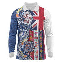 Hawaiian Manta Ray and Turtle Tribal Tattoo Long Sleeve Polo Shirt With Hawaii Flag and Flowers LT03 Multicolor - Polynesian Pride