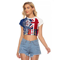 Hawaiian Manta Ray and Turtle Tribal Tattoo Raglan Cropped T Shirt With Hawaii Flag and Flowers LT03 Female Multicolor - Polynesian Pride